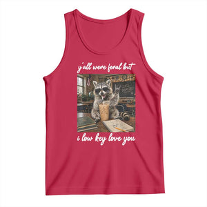 Funny Classroom Raccoon Iced Coffee Teacher Tank Top Y'all Were Feral But I Low Key Love You TS02 Red Print Your Wear