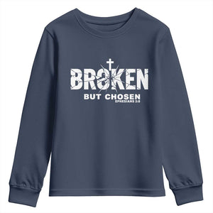 Broken But Chosen Ephesians 2:8 Bible Verse Youth Sweatshirt Christian Faith Grace and Salvation Gift TS02 Navy Print Your Wear