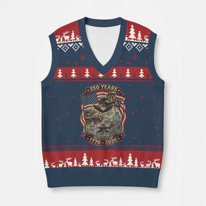 250 Years 1776 to 2026 Ultimate American Landmark Collage V-Neck Knit Sweater Vest Liberty Bell Eagle and US Flag Semiquincentennial Patriotic TS02 Navy Red Print Your Wear