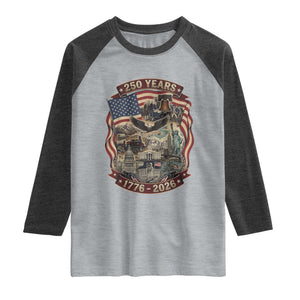 250 Years 1776 to 2026 Ultimate American Landmark Collage Raglan Shirt Liberty Bell Eagle and US Flag Semiquincentennial Patriotic TS02 Heather Gray Heather Charcoal Print Your Wear