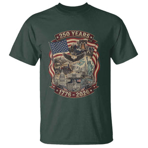 250 Years 1776 to 2026 Ultimate American Landmark Collage T Shirt Liberty Bell Eagle and US Flag Semiquincentennial Patriotic TS02 Dark Forest Green Print Your Wear