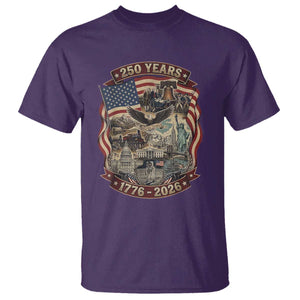 250 Years 1776 to 2026 Ultimate American Landmark Collage T Shirt Liberty Bell Eagle and US Flag Semiquincentennial Patriotic TS02 Purple Print Your Wear
