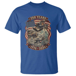 250 Years 1776 to 2026 Ultimate American Landmark Collage T Shirt Liberty Bell Eagle and US Flag Semiquincentennial Patriotic TS02 Royal Blue Print Your Wear