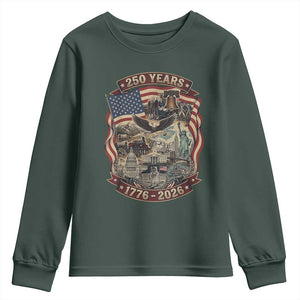 250 Years 1776 to 2026 Ultimate American Landmark Collage Youth Sweatshirt Liberty Bell Eagle and US Flag Semiquincentennial Patriotic TS02 Dark Forest Green Print Your Wear