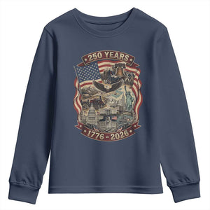 250 Years 1776 to 2026 Ultimate American Landmark Collage Youth Sweatshirt Liberty Bell Eagle and US Flag Semiquincentennial Patriotic TS02 Navy Print Your Wear