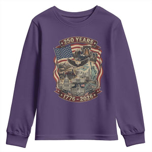 250 Years 1776 to 2026 Ultimate American Landmark Collage Youth Sweatshirt Liberty Bell Eagle and US Flag Semiquincentennial Patriotic TS02 Purple Print Your Wear