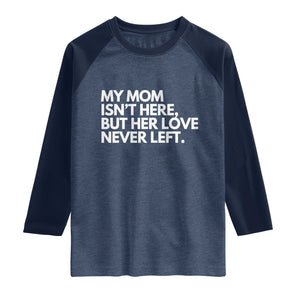 My Mom Isn't Here But Her Love Never Left Raglan Shirt Emotional Mother Memorial Tribute TS02 Heather Denim Navy Print Your Wear