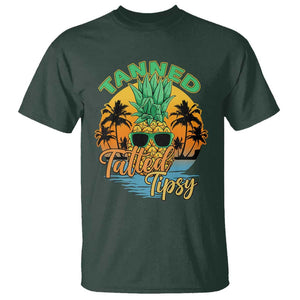 Summer Vibe T Shirt Tanned Tatted Tipsy Funny Pineapple Retro Sunset TS02 Dark Forest Green Print Your Wear