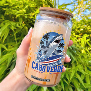Cabo Verde Surfing Blue Shark Surfboard Glass Can Cape Verde Flag Tropical Ocean Wave TS02 Black Print Your Wear