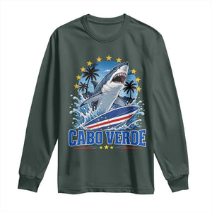 Cabo Verde Surfing Blue Shark Surfboard Long Sleeve Shirt Cape Verde Flag Tropical Ocean Wave TS02 Dark Forest Green Print Your Wear