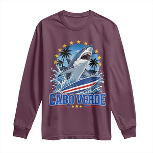 Cabo Verde Surfing Blue Shark Surfboard Long Sleeve Shirt Cape Verde Flag Tropical Ocean Wave TS02 Maroon Print Your Wear