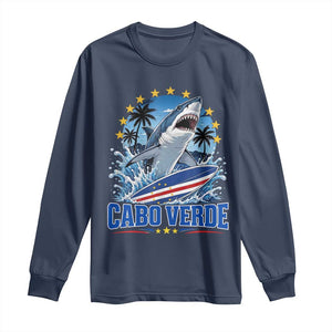 Cabo Verde Surfing Blue Shark Surfboard Long Sleeve Shirt Cape Verde Flag Tropical Ocean Wave TS02 Navy Print Your Wear