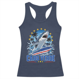 Cabo Verde Surfing Blue Shark Surfboard Racerback Tank Top Cape Verde Flag Tropical Ocean Wave TS02 Navy Print Your Wear