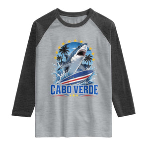 Cabo Verde Surfing Blue Shark Surfboard Raglan Shirt Cape Verde Flag Tropical Ocean Wave TS02 Heather Gray Heather Charcoal Print Your Wear