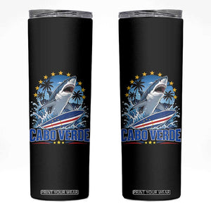 Cabo Verde Surfing Blue Shark Surfboard Skinny Tumbler Cape Verde Flag Tropical Ocean Wave TS02 Black Print Your Wear