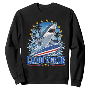 Cabo Verde Surfing Blue Shark Surfboard Sweatshirt Cape Verde Flag Tropical Ocean Wave TS02 Black Print Your Wear