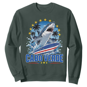 Cabo Verde Surfing Blue Shark Surfboard Sweatshirt Cape Verde Flag Tropical Ocean Wave TS02 Dark Forest Green Print Your Wear