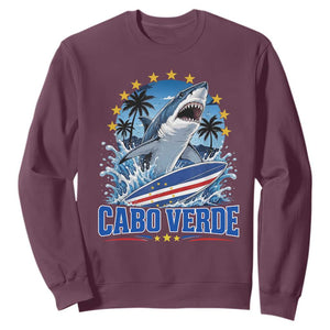 Cabo Verde Surfing Blue Shark Surfboard Sweatshirt Cape Verde Flag Tropical Ocean Wave TS02 Maroon Print Your Wear