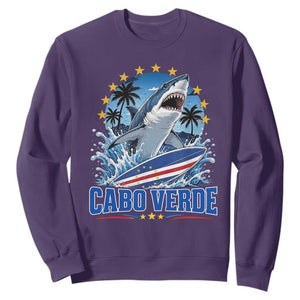 Cabo Verde Surfing Blue Shark Surfboard Sweatshirt Cape Verde Flag Tropical Ocean Wave TS02 Purple Print Your Wear