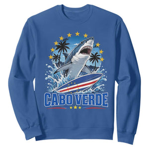 Cabo Verde Surfing Blue Shark Surfboard Sweatshirt Cape Verde Flag Tropical Ocean Wave TS02 Royal Blue Print Your Wear