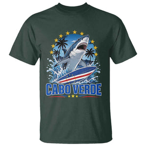 Cabo Verde Surfing Blue Shark Surfboard T Shirt Cape Verde Flag Tropical Ocean Wave TS02 Dark Forest Green Print Your Wear