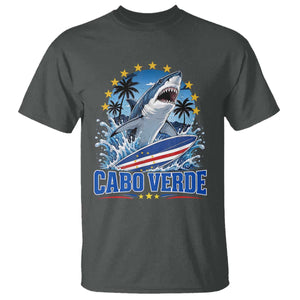 Cabo Verde Surfing Blue Shark Surfboard T Shirt Cape Verde Flag Tropical Ocean Wave TS02 Dark Heather Print Your Wear