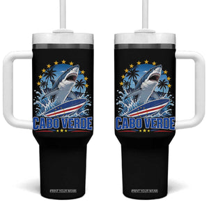 Cabo Verde Surfing Blue Shark Surfboard Tumbler With Handle Cape Verde Flag Tropical Ocean Wave TS02 One Size: 40 oz Black Print Your Wear