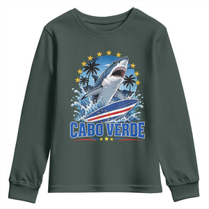 Cabo Verde Surfing Blue Shark Surfboard Youth Sweatshirt Cape Verde Flag Tropical Ocean Wave TS02 Dark Forest Green Print Your Wear