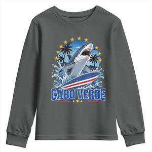 Cabo Verde Surfing Blue Shark Surfboard Youth Sweatshirt Cape Verde Flag Tropical Ocean Wave TS02 Dark Heather Print Your Wear