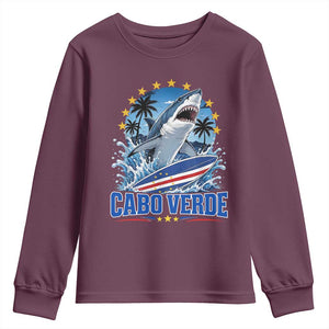 Cabo Verde Surfing Blue Shark Surfboard Youth Sweatshirt Cape Verde Flag Tropical Ocean Wave TS02 Maroon Print Your Wear