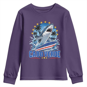 Cabo Verde Surfing Blue Shark Surfboard Youth Sweatshirt Cape Verde Flag Tropical Ocean Wave TS02 Purple Print Your Wear