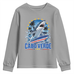 Cabo Verde Surfing Blue Shark Surfboard Youth Sweatshirt Cape Verde Flag Tropical Ocean Wave TS02 Sport Gray Print Your Wear