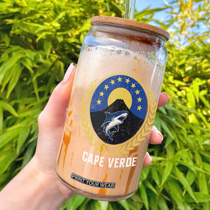 Cape Verde Volcano Blue Sharks Gold Laurel Crest Graphic Glass Can Retro Cabo Verde Heritage Pride TS02 Black Print Your Wear