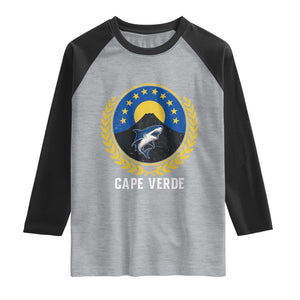 Cape Verde Volcano Blue Sharks Gold Laurel Crest Graphic Raglan Shirt Retro Cabo Verde Heritage Pride TS02 Heather Gray Black Print Your Wear