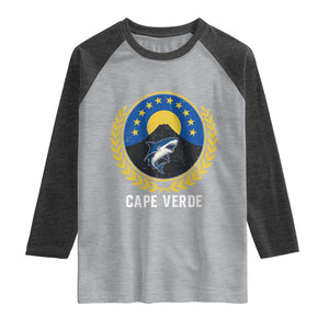 Cape Verde Volcano Blue Sharks Gold Laurel Crest Graphic Raglan Shirt Retro Cabo Verde Heritage Pride TS02 Heather Gray Heather Charcoal Print Your Wear