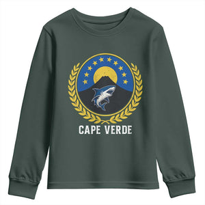 Cape Verde Volcano Blue Sharks Gold Laurel Crest Graphic Youth Sweatshirt Retro Cabo Verde Heritage Pride TS02 Dark Forest Green Print Your Wear