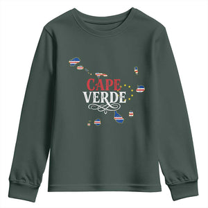 Cabo Verde Islands Flag Map Youth Sweatshirt Cape Verde Vintage Pride TS02 Dark Forest Green Print Your Wear
