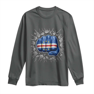 Cape Verde Flag Fist Power Stone Wall Break Graphic Long Sleeve Shirt Cabo Verde Strong Roots National Pride TS02 Dark Heather Print Your Wear
