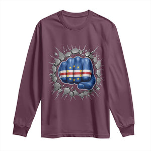 Cape Verde Flag Fist Power Stone Wall Break Graphic Long Sleeve Shirt Cabo Verde Strong Roots National Pride TS02 Maroon Print Your Wear