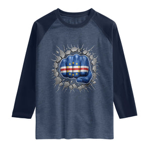 Cape Verde Flag Fist Power Stone Wall Break Graphic Raglan Shirt Cabo Verde Strong Roots National Pride TS02 Heather Denim Navy Print Your Wear