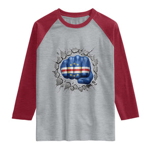 Cape Verde Flag Fist Power Stone Wall Break Graphic Raglan Shirt Cabo Verde Strong Roots National Pride TS02 Heather Gray Heather Red Print Your Wear