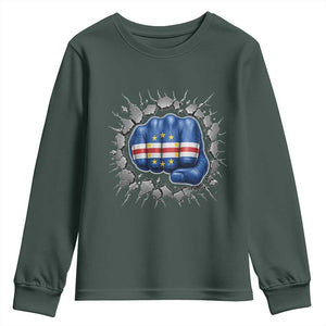 Cape Verde Flag Fist Power Stone Wall Break Graphic Youth Sweatshirt Cabo Verde Strong Roots National Pride TS02 Dark Forest Green Print Your Wear