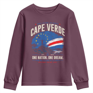 Cape Verde Small Islands Big Hearts Pride Youth Sweatshirt Cabo Verde One Nation One Dream Distressed Flag TS02 Maroon Print Your Wear