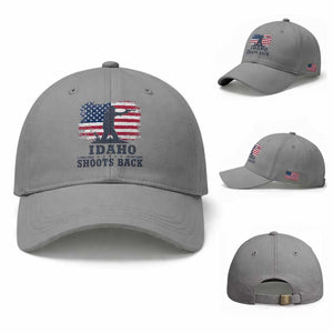 Idaho Shoots Back Distressed American Flag Baseball Cap Cowboy Gunslinger Graphic