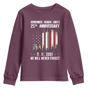 Remember Honor Unite 9 11 Memorial 25th Anniversary Youth Sweatshirt We Will Never Forget Patriotic American Flag