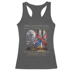 We Will Never Forget 9 11 Memorial 25th Anniversary Racerback Tank Top Patriotic American Flag Ribbon