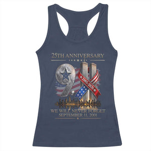 We Will Never Forget 9 11 Memorial 25th Anniversary Racerback Tank Top Patriotic American Flag Ribbon