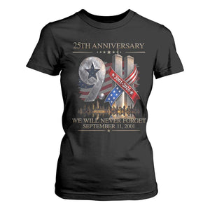 We Will Never Forget 9 11 Memorial 25th Anniversary T Shirt For Women Patriotic American Flag Ribbon