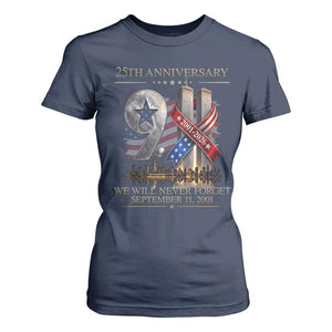 We Will Never Forget 9 11 Memorial 25th Anniversary T Shirt For Women Patriotic American Flag Ribbon