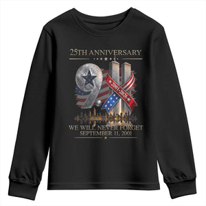 We Will Never Forget 9 11 Memorial 25th Anniversary Youth Sweatshirt Patriotic American Flag Ribbon